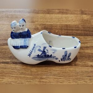 Vintage Delfts Blue Holland Shoe W/ Dutch Boy And Girl 5 1/4 Inch Handpainted